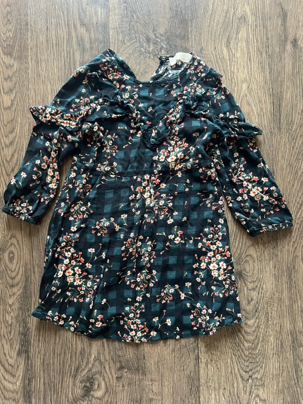 Zara Floral Ruffle Long Sleeve Dress - Dark Green & Pink Flowers